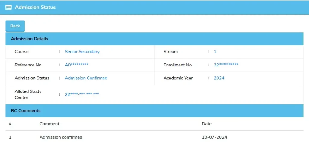 NIOS admission status confirmation